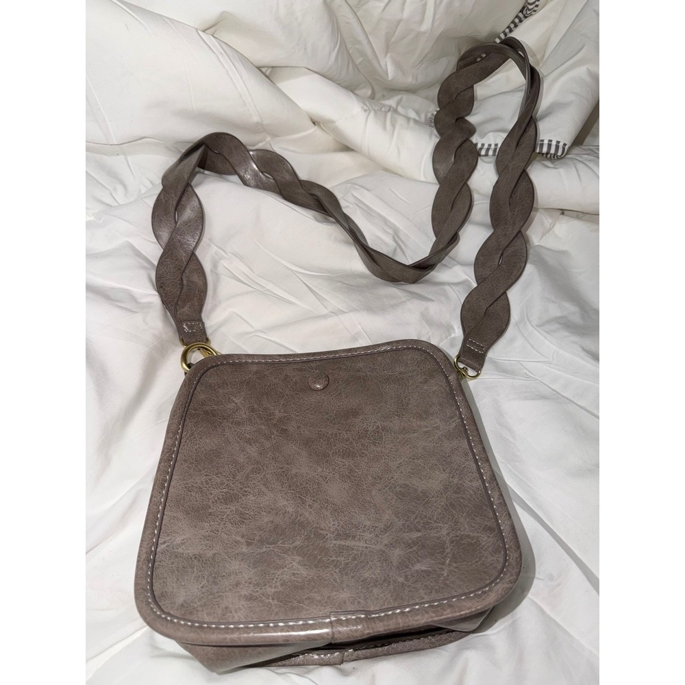Anthropologie Taupe Grey Braided Strap Bag Distressed Faux Leather Square